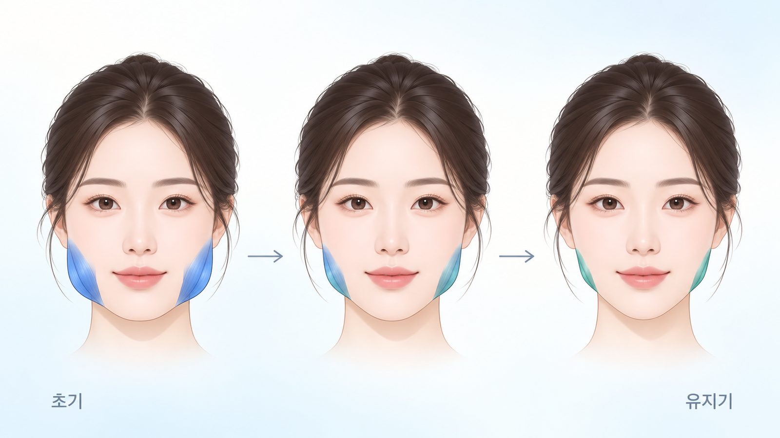 사각턱 보톡스를 반복할수록 교근 부피가 줄어드는 과정, 초기에서 유지기까지 일러스트